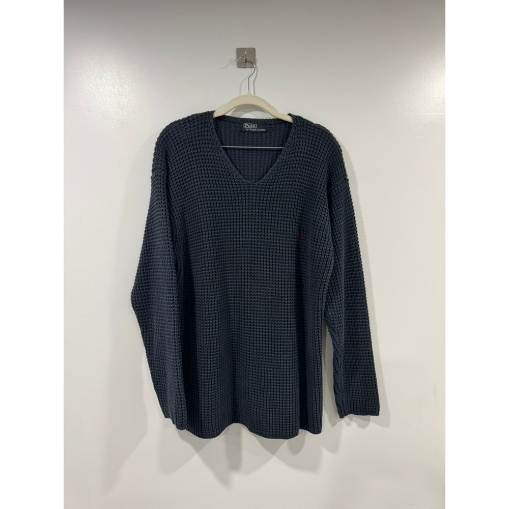 Polo Ralph Lauren Mens Navy Blue Waffle Knit V-Neck Sweater Red Pony Logo Medium